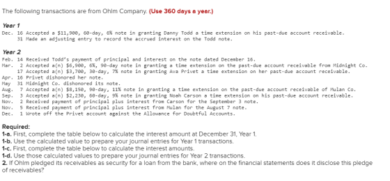 The following transactions are from Ohlm Company. (Use 360 days a year.) Year 1 Dec. 16 Accepted a $11,900, 60-day, 6% note i