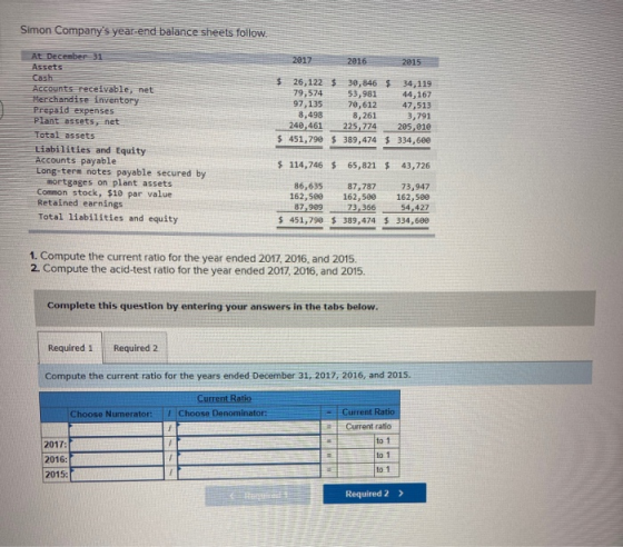 Simon Companys year-end balance sheets follow. 2017 2016 2015 At December 31 Assets Cash Accounts receivable, net Merchandis