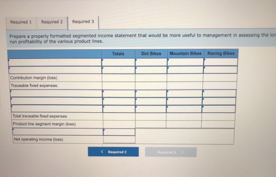 Required 1 Required 2 Required 3 Prepare a properly formatted segmented income statement that would be more useful to managem