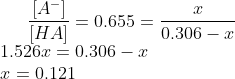 \dfrac {[A^-]}{[HA]} = 0.655 = \dfrac {x}{0.306-x} \\ 1.526x = 0.306-x \\ x = 0.121