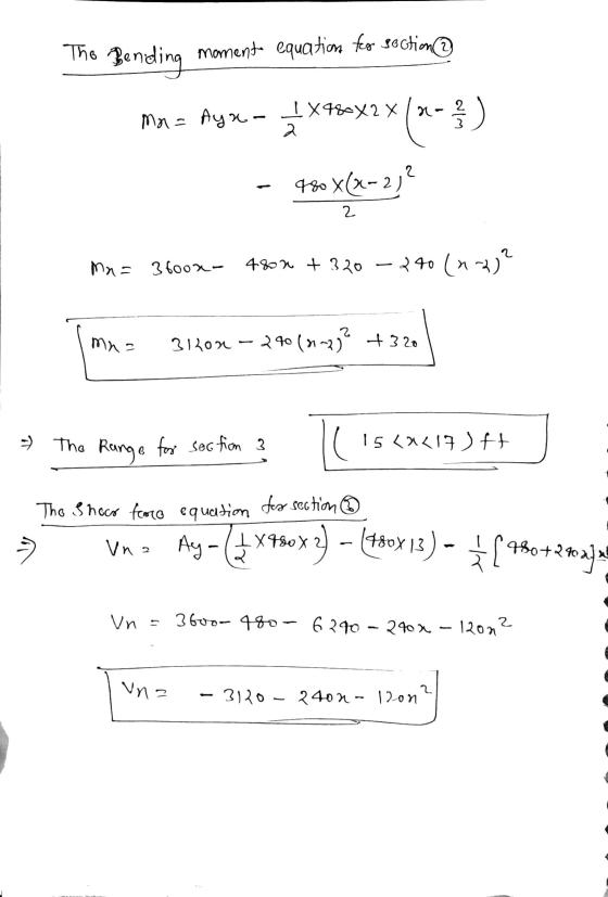 The Bending momento equation fro soction 2 Ma= Aya- 1X48X2 X /a- 2 2 480 ×(x-2) 2 Mne 3600 4800 + 320 240 (n-3)? mna 3110u -