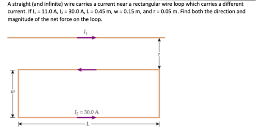 A straight (and infinite) wire carries a current near a rectangular wire loop which carries a different current. If ly = 11.0