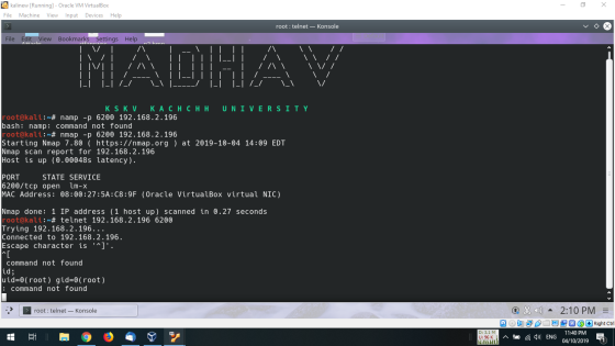 - 2 x a kalinew [Running] - Oracle VM VirtualBox File Machine View Input Devices Help root : telnet - Konsole File Edit View