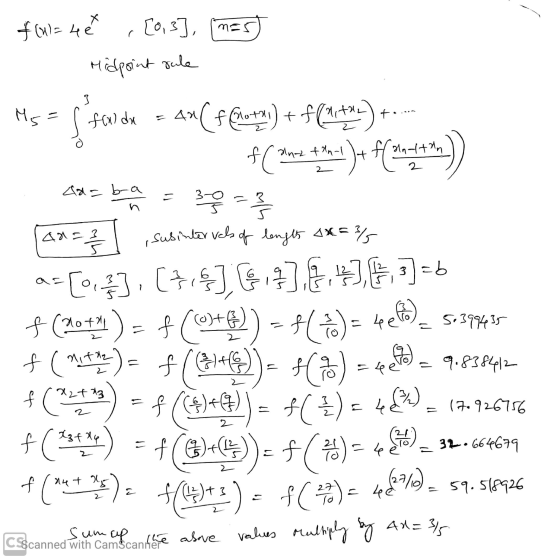 Lee f(x1= 4er , [0, 3], [mes) Midpoint vale Ms = 5 fcrde = 4MC f@hotx)) + f(***) +- f( Pure th d ) + f(chartet *)) ta2 da = 4