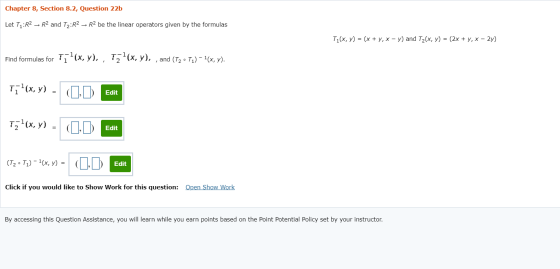 Chapter 8, Section 8.2, Question 22b Let T1:R2 → R2 and T2:R2 → R2 be the linear operators given by the formulas T1(x, y) = (