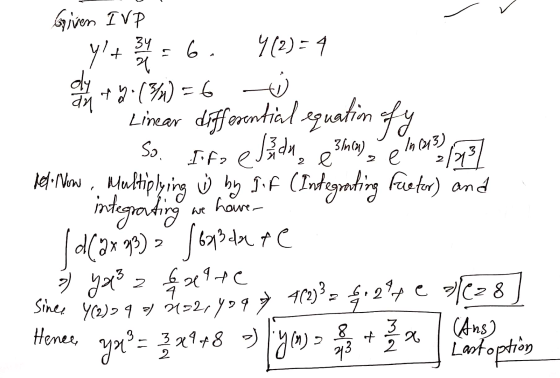 34 y!+ 6. So Irfa e el de In (213) la² emo, en Given IVP 4(2)-1 oly an 42. (3/4)=6 Linear differential equation ofy hele Now
