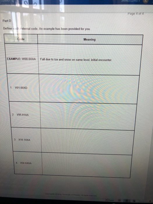 dock JAMES LOVETT Page 4 of 4 Part D external code. An example has been provided for you. Define each Code Meaning EXAMPLE: W