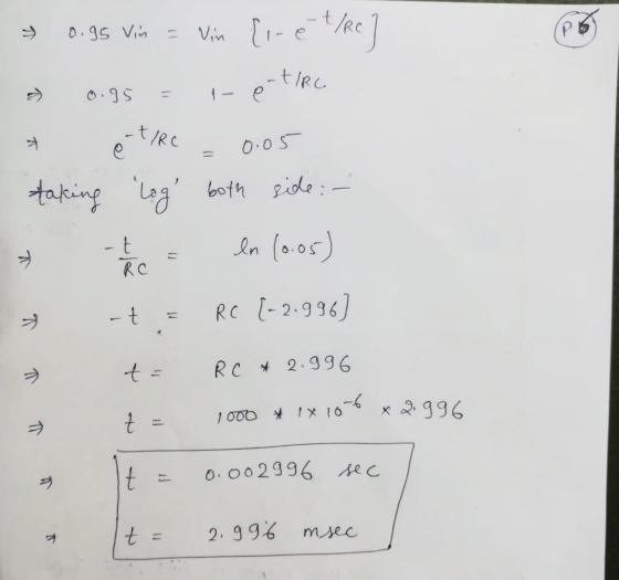 » 0.95 Vin = Vin {i- é t/Re] * 0.95 = -e-tipe * etike -0.05 taking log both side :- t e = ln (0.05) ata RC [-2.996] t= RC *