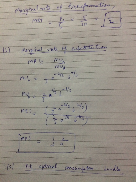 Marginal rate of transformation, Th) Marginal rate of substitution MRS, mua MUA MRS IMPS I b (c At optimal consumption bundle