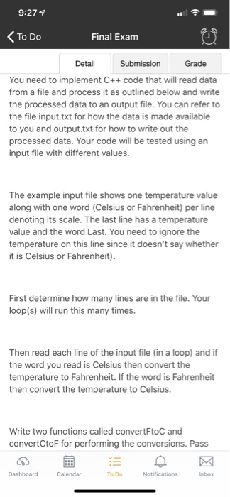 9:27 ToDo Final Exam Grade Detail You need to implement C++ code that will read data from a file and process it as outlined b