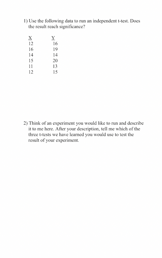 1) Use the following data to run an independent t-test. Does the result reach significance? х 12 Y 16 16 19 14 14 15 20 11 13