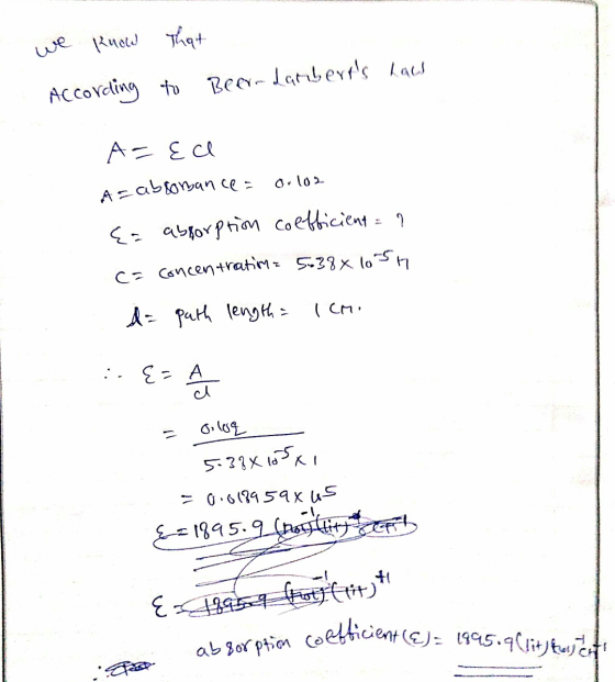 we know that to Beer Larberts hace According A = Ece A = absomance = 0.102 {= absorption coefficient = ? ca concentration: 5