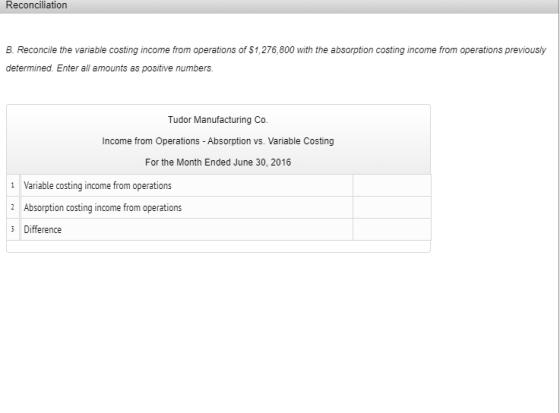 Reconciliation B. Reconcile the variable costing income from operations of $1,276,800 with the absorption costing income from