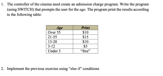 1. The controller of the cinema need create an admission charge program. Write the program (using SWITCH) that prompts the us
