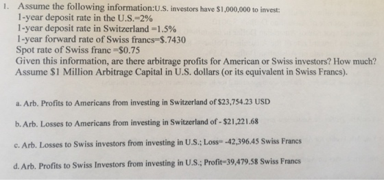 Assume the following information:U.S. investors have $1,000,000 to invest 1-year deposit rate in the US.2% 1-year deposit rate in Switzerland-1.5% 1-year forward rate of Swiss francs $.7430 Spot rate of Swiss franc $0.75 Given this information, are there arbitrage profits for American or Swiss investors? How much? Assume $1 Million Arbitrage Capital in U.S. dollars (or its equivalent in Swiss Francs). 1. a. Arb. Profits to Americans from investing in Switzerland of $23,754.23 USD b. Arb. Losses to Americans from investing in Switzerland of -$21,221.68 c. Arb. Losses to Swiss investors from investing in U.S.; Loss -42,396.45 Swiss Francs d. Arb. Profits to Swiss Investors from investing in U.S; Profit-39,479.58 Swiss Francs