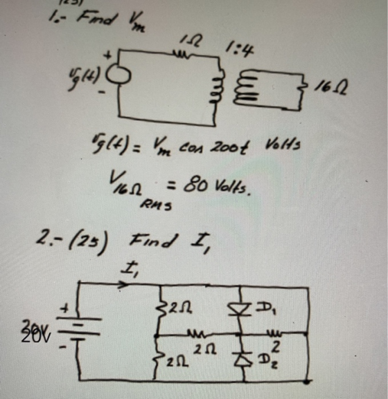 1. Find 1:4 56 3 162 g(t) = m con 2004 Volts VER = 80 Volts. RMS 2. (25) Find I, I, 321 D zex tu M 212 2 212
