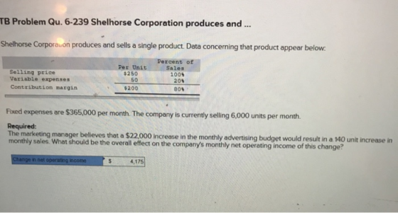 TB Problem Qu. 6-239 Shelhorse Corporation produces and ... Shelhorse Corporauon produces and sells a single product. Data co