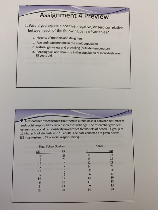 Assignment 4 Preview 1. Would you expect a positive, negative, or zero correlative between each of the following pairs of var