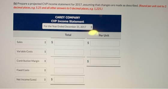 (b) Prepare a projected CVP income statement for 2017, assuming that changes are made as described. (Round per unit cost to 2