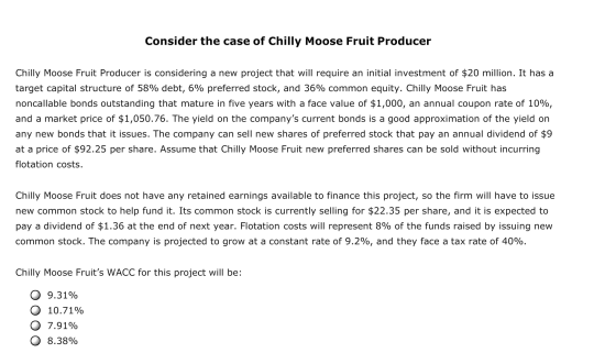 Consider the case of Chilly Moose Fruit Producer Chilly Moose Fruit Producer is considering a new project that will require a