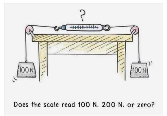 100 N Does the scale read 100 N, 200 N, or zero