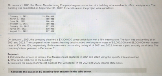 On January 1, 2021, the Mason Manufacturing Company began construction of a building to be used as its office headquarters. T