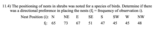 11.4) The positioning of nests in shrubs was noted for a species of birds. Determine if there was a directional preference in