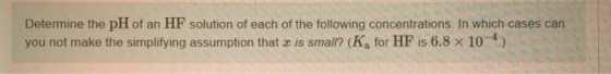 Determine the pH of an HF solution of each of the following concentrations. In which cases can you not make the simplifying a
