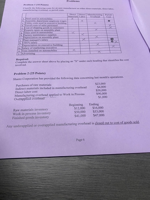 Problems Problem I (10 Points) Classify the following costs for an auto manufacturers either direct materials, direct labor m