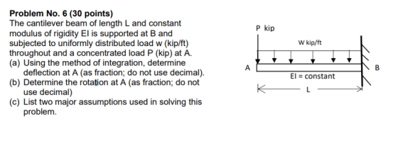 Рkip W kip/ft Problem No. 6 (30 points) The cantilever beam of length L and constant modulus of rigidity El is supported at B