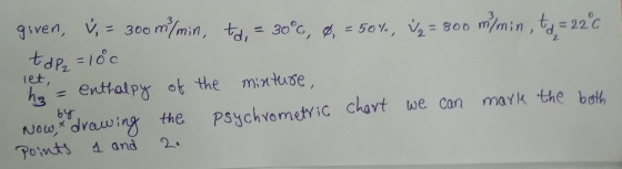 let, given, & = 300 m/min, td, = 30°c, & = 50%, V = 800 m/min, t = 226 tdp = 10c h = enthalpy of the mixture, Now, & drawing