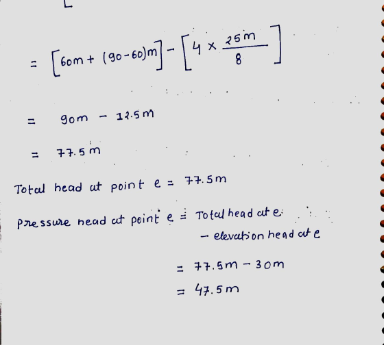 = [com+ (90-6m)]- [4 x en ] 90 m - 14.5 1 = 77.5 m : . : .. 77. 5m Total head at point e = 1 Pressure head at point e Total h