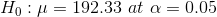 H_0: \mu = 192.33\ at\ \alpha = 0.05