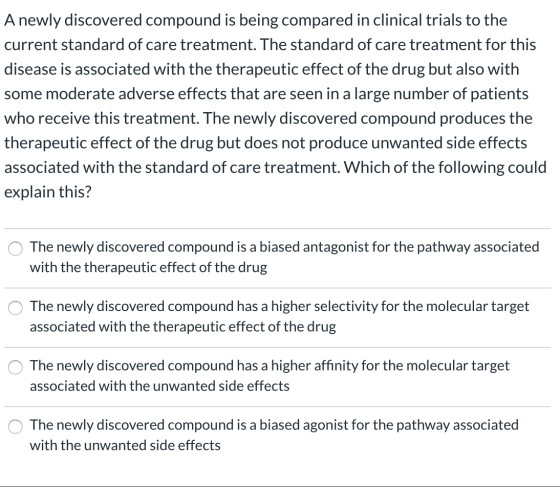 A newly discovered compound is being compared in clinical trials to the current standard of care treatment. The standard of c