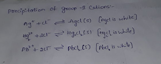 poecipitation of gooup I Cations - Agt + t > Agel(s) [Agel is white] Hg2+ + act – HgCl (s) [tigil is white) pott act a pbclcs