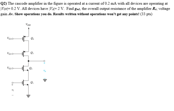 Q2) The cascode amplifier in the figure is operated at a current of 0.2 mA with all devices are operating at |Vor=0.2 V. All