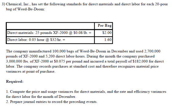 3 Chemical Inc Has Set The Following Standards For Direct Materials 