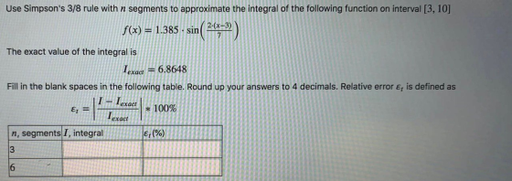 Use Simpsons 3/8 rule with n segments to approximate the integral of the following function on interval [3, 10] 2.(x-3) f(x)