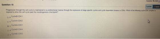 Question 102 Question 10 2 points ✓ Saved Progression through the cell cycle is maintained in a unidirectional manner through