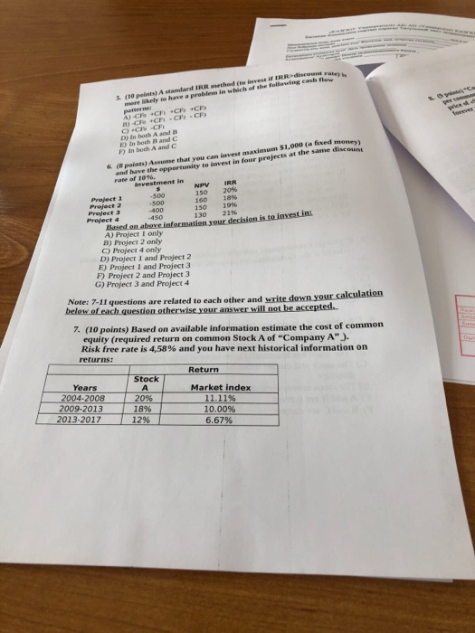 A standard IRR method (test f IRR dis he folloveing cash flow S. (10 peints) more Nkely to have a problems in which A)-CR D) in both A and B E) In boch B and C F) In boch A and C $1,000 (a fixed money) 6 (Bpoints) Assume that you can invest maximum n four projects at the same disco 150 20% 160 18% 150 19% 130 21% Project Project 2 500 Project4 A) Project I only B) Project 2 only C) Project 4 only D) Project I and Project 2 E) Project 1 and Project 3 F) Project 2 and Project 3 G) Project 3 and Project 4 Note: 7-11 questions are related to each other and write down your calculation 7. (10 points) Based on available information estimate the cost of common equity (required return on common Stock A of Company A). Risk free rate is 4,58% and you have next historical information on returns: Return Stock Years Market index 11.11% 10.00% 6.67% 2008 2009-2013 2013-2017 20% 18% 12%