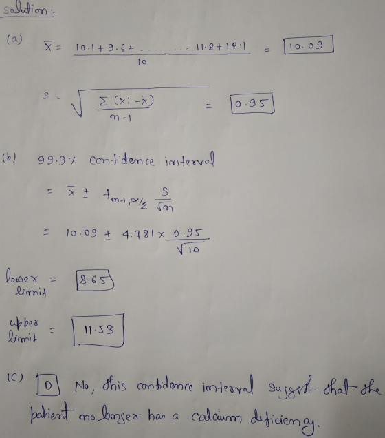 solution: X = 10.1t9.6+ . ...... 11.2 + 12.1 10.09 lo m -1 (6) 99.9% confidence interval tt toma cong som - 10.09 + 4.7810 0.