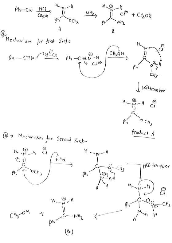 Ph-CN het work Слой (Phoch, HOM ý ci + Chon Phuh, @/41C Mechanism for first Step=) Se mere mange and CH₂OH Ph-CEN: - Oh CS ルー