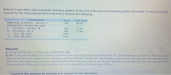 Kirtland Corporation uses a periodic inventory system. At the end of the annual accounting period, December 31, the accountin