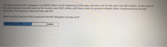 The projected benefit obligation was $440 million at the beginning of the year. Service cost for the year was $24 million. At