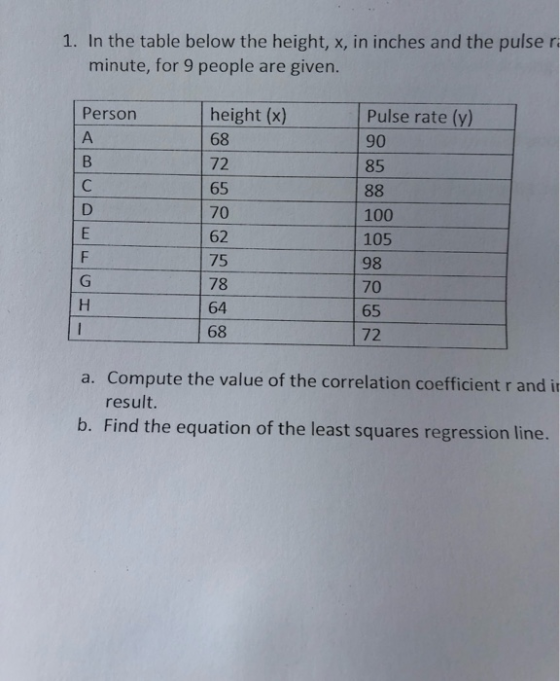 1. In the table below the height, x, in inches and the pulse r minute, for 9 people are given. height (x) Person Pulse rate (