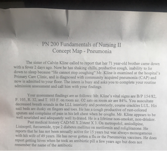 PN 200 Fundamentals of Nursing II Concept Map - Pneumonia The sister of Calvin Kline called to report that her 71 year-old br