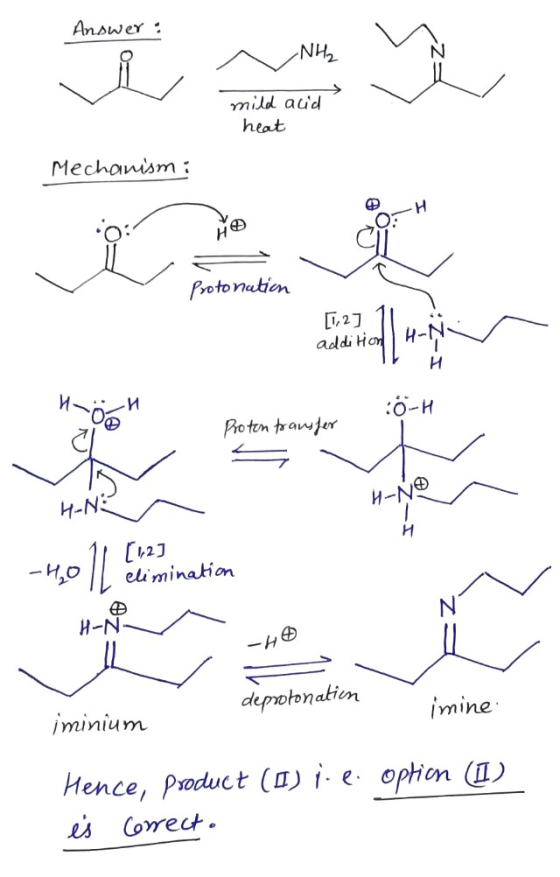 Answer: -NH₂ y mild acid heat Mechanism : и H m Protonation [1,2] Additional H-N H 11 Ö-H Proton transfer H-N: H-N 4011 [12]