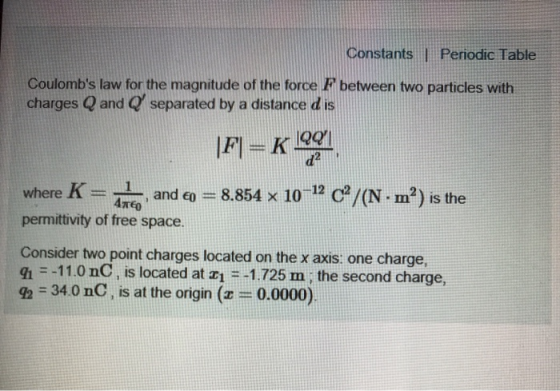 Constants | Periodic Table Coulombs law for the magnitude of the force F between two particles with charges Q and separated by a distance d is 2 where K = 41-, and印 permittivity of free space. 8.854 × 10-12 C2/(N-m2) is the Consider two point charges located on the x axis: one charge, h -11.0 nC, is located at z-1.725 m the second charge, 92 34 0 nC, is at the origin (z -0.0000)