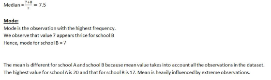 Median =-= 7.5 Median-73 7.5 Mode: Mode is the observation with the highest frequency. We observe that value 7 appears thrice