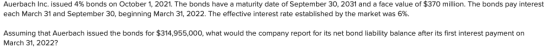 Auerbach Inc. issued 4% bonds on October 1, 2021. The bonds have a maturity date of September 30, 2031 and a face value of $3